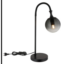 Stolní svítidlo, kov černý matný, skleněná koule kouřové barvy, kabel PVC černý, kolébkový vypínač na kabelu, DxŠxV:225x180x575mm, délka kabelu 1500mm, bez žárovky 1xE27 LED, max. 10W 230V