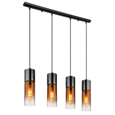 Závěsné svítidlo, kov černý, sklo měděné barvy, průhledné, kov černý chrom, textilní kabel černý, DxŠxV:800x90x1560mm, bez žárovek 4xE27, max. 25W 230V