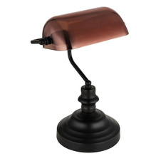 Stolní svítidlo, kov černý, sklo měděné barvy, průhledné, kabel PVC černý, kolébkový vypínač na kabelu, DxŠxV:250x190x360mm, délka kabelu 1500mm, bez žárovky 1xE27, max. 60W 230V