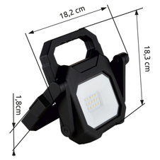 Venkovní svítidlo, plast černý/bílý, sklo průhledné, USB výstup, aku CR18650 2200mAh 5V, IP54, 3 úrovně jasu (100% - 50% - 25%) a SOS signál, doba nabíjení cca 4,5 hodiny, doba svícení cca 3 hodiny, DxŠxV:183x182x30mm, LED 6W 5V 800lm 4000K