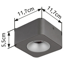 LED reflektor, hliník šedý tmavý, plast šedý, plast čirý, DxŠxV:117x117x55mm, včetně LED 6,5W 230V, zdroj 730lm, výstup 360lm, 3000K.