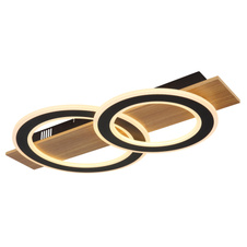 Stropní svítidlo, tmavý plast s imitací dřeva, matný černý kov, akryl bílý, DxŠxV:630x350x70mm, 2 stínítka: Ø:35cm a 29cm, včetně LED 40W 230V, zdroj 3800lm, výstup 2000lm, 3000K