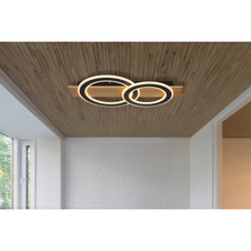 Stropní svítidlo, tmavý plast s imitací dřeva, matný černý kov, akryl bílý, DxŠxV:630x350x70mm, 2 stínítka: Ø:35cm a 29cm, včetně LED 40W 230V, zdroj 3800lm, výstup 2000lm, 3000K