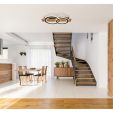 Stropní svítidlo, tmavý plast s imitací dřeva, matný černý kov, akryl bílý, DxŠxV:630x350x70mm, 2 stínítka: Ø:35cm a 29cm, včetně LED 40W 230V, zdroj 3800lm, výstup 2000lm, 3000K