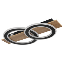 Stropní svítidlo, tmavý plast s imitací dřeva, matný černý kov, akryl bílý, DxŠxV:630x350x70mm, 2 stínítka: Ø:35cm a 29cm, včetně LED 40W 230V, zdroj 3800lm, výstup 2000lm, 3000K