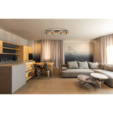 Stropní svítidlo, tmavý plast s imitací dřeva, matný černý kov, akryl bílý, DxŠxV:730x350x70mm, 3 stínítka: ø:1x35cm, 2x24cm, včetně LED 50W 230V, zdroj 4700lm, výstup 2300lm, 3000K