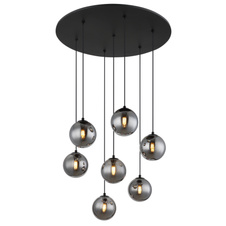 Závěsné svítidlo, kov černý, skleněné koule kouřové barvy, kabel PVC černý, výškově nastavitelné, ø:550 mm, V:1200mm, včetně žárovek 7x G9 LED, 3.5W 230V, zdroj 350lm, výstup 130lm, 3000K