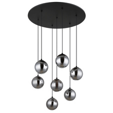 Závěsné svítidlo, kov černý, skleněné koule kouřové barvy, kabel PVC černý, výškově nastavitelné, ø:550 mm, V:1200mm, včetně žárovek 7x G9 LED, 3.5W 230V, zdroj 350lm, výstup 130lm, 3000K