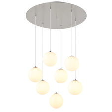 Závěsné svítidlo, kov nikl, skleněné koule bílé, černý PVC kabel, výškově nastavitelné, ø:550mm, V:1200mm, včetně žárovek 7x G9 LED, 3.5W 230V, zdroj 350lm, výstup 310lm, 3000K
