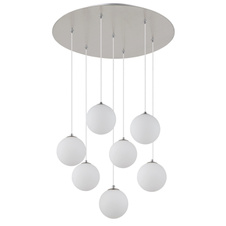 Závěsné svítidlo, kov nikl, skleněné koule bílé, černý PVC kabel, výškově nastavitelné, ø:550mm, V:1200mm, včetně žárovek 7x G9 LED, 3.5W 230V, zdroj 350lm, výstup 310lm, 3000K