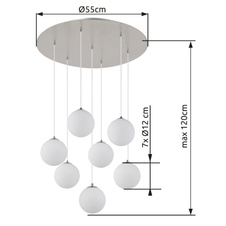 Závěsné svítidlo, kov nikl, skleněné koule bílé, černý PVC kabel, výškově nastavitelné, ø:550mm, V:1200mm, včetně žárovek 7x G9 LED, 3.5W 230V, zdroj 350lm, výstup 310lm, 3000K