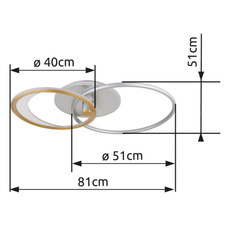 Stropní svítidlo, hliník stříbrný a zlatý, akryl čirý, plast bílý, stmívatelné, několik úrovní pomocí nástěnného vypínače, paměť, polohovatelné, dál.ovládání, DxŠxV:810x510x110mm, prstenec ø:51cm a 40cm, LED 40W 230V 300-1684lm 2700-6500K