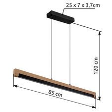 Závěsné svítidlo, kov černý, dřevo tmavě hnědé, hliník černý, plast bílý, kabel PVC černý, nastavitelná výška, hliníkové stínítko s dekorativním děrováním, DxŠxV:850x70x1200mm, včetně LED 24W 230V, zdroj 2800lm, výstup 580lm, 3000K