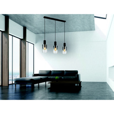 Závěsné svítidlo, kov černý, sklo kouřové, průhledné, kabel PVC černý, možnost zkrácení výšky, DxŠxV:725x125x1500mm, bez žárovek 3xE27, max. 40W 230V