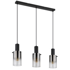 Závěsné svítidlo, kov černý, sklo kouřové, průhledné, kabel PVC černý, možnost zkrácení výšky, DxŠxV:725x125x1500mm, bez žárovek 3xE27, max. 40W 230V