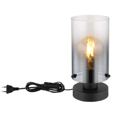 Stolní svítidlo, kov černý matný, sklo kouřové, průhledné, kabel PVC černý, kolébkový vypínač na kabelu, ø:125mm, V:263mm, délka kabelu 1500mm, bez žárovky 1xE27, max. 40W 230V