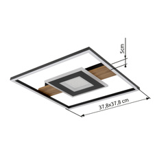 Stropní svítidlo, kov vzhled dřeva, kov černý, hliník černý matný, akryl bílý, akrylové křišťály čiré, DxŠxV:378x378x50mm, včetně LED 24W 230V, zdroj 3000lm, výstup 800lm, 3000K