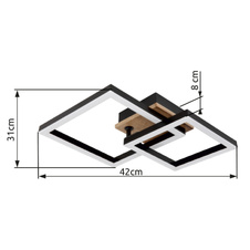 Stropní svítidlo, kov černý, MDF vzhled dřeva tmavý, plast černý, plast bílý, polohovatelné, DxŠxV:420x310x80mm, včetně LED 15W 230V, zdroj 1550lm, výstup 700lm, 3000K