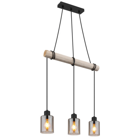 Závěsné svítidlo, kov černý, dřevo přírodní barva, sklo kouřová barva, kabel na omotání, DxŠxV:500x100x1400mm, bez žárovek 3xE27, max. 40W 230V