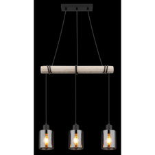 Závěsné svítidlo, kov černý, dřevo přírodní barva, sklo kouřová barva, kabel na omotání, DxŠxV:500x100x1400mm, bez žárovek 3xE27, max. 40W 230V