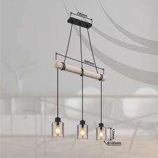 Závěsné svítidlo, kov černý, dřevo přírodní barva, sklo kouřová barva, kabel na omotání, DxŠxV:500x100x1400mm, bez žárovek 3xE27, max. 40W 230V