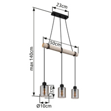 Závěsné svítidlo, kov černý, dřevo přírodní barva, sklo kouřová barva, kabel na omotání, DxŠxV:500x100x1400mm, bez žárovek 3xE27, max. 40W 230V