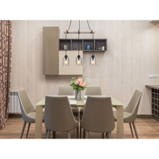 Závěsné svítidlo, kov černý, dřevo přírodní barva, sklo kouřová barva, kabel na omotání, DxŠxV:500x100x1400mm, bez žárovek 3xE27, max. 40W 230V