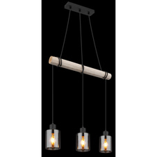 Závěsné svítidlo, kov černý, dřevo přírodní barva, sklo kouřová barva, kabel na omotání, DxŠxV:500x100x1400mm, bez žárovek 3xE27, max. 40W 230V