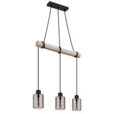 Závěsné svítidlo, kov černý, dřevo přírodní barva, sklo kouřová barva, kabel na omotání, DxŠxV:500x100x1400mm, bez žárovek 3xE27, max. 40W 230V