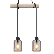 Závěsné svítidlo, kov černý, dřevo přírodní barva, sklo kouřová barva, kabel na omotání, DxŠxV:500x100x1400mm, bez žárovek 3xE27, max. 40W 230V
