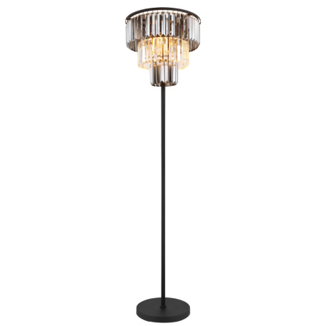 Stojací svítidlo, kov černý matný, skleněné křišťály kouřové, čiré, kabel PVC černý, vypínač na kabelu, ø:400mm, V:1600mm, délka kabelu 1800mm, bez žárovek 3xE27, max. 40W 230V