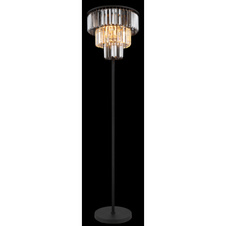 Stojací svítidlo, kov černý matný, skleněné křišťály kouřové, čiré, kabel PVC černý, vypínač na kabelu, ø:400mm, V:1600mm, délka kabelu 1800mm, bez žárovek 3xE27, max. 40W 230V