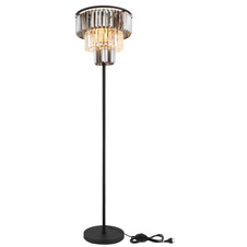 Stojací svítidlo, kov černý matný, skleněné křišťály kouřové, čiré, kabel PVC černý, vypínač na kabelu, ø:400mm, V:1600mm, délka kabelu 1800mm, bez žárovek 3xE27, max. 40W 230V