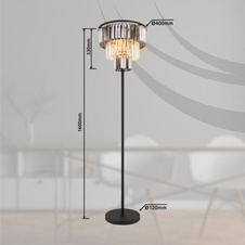 Stojací svítidlo, kov černý matný, skleněné křišťály kouřové, čiré, kabel PVC černý, vypínač na kabelu, ø:400mm, V:1600mm, délka kabelu 1800mm, bez žárovek 3xE27, max. 40W 230V