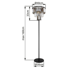 Stojací svítidlo, kov černý matný, skleněné křišťály kouřové, čiré, kabel PVC černý, vypínač na kabelu, ø:400mm, V:1600mm, délka kabelu 1800mm, bez žárovek 3xE27, max. 40W 230V