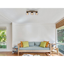 Stropní svítidlo, černý matný kov, tmavě hnědé dřevo, sklo kouřové barvy, DxŠxV:600x150x205mm, bez žárovek 3xE27, Max. 25W 230V