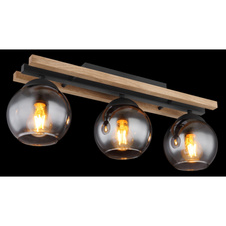 Stropní svítidlo, černý matný kov, tmavě hnědé dřevo, sklo kouřové barvy, DxŠxV:600x150x205mm, bez žárovek 3xE27, Max. 25W 230V