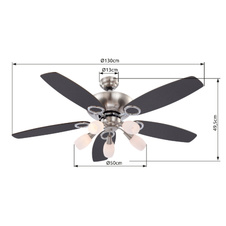 Stropní ventilátor, chrom, nikl matný, sklo bílé, MDF buk, MDF grafit, 3 rychlosti, 2 směry otáčení, tahový vypínač, Ø130cm, V:50cm, bez žárovek 5xE14, max. 40W 230V.