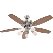Stropní ventilátor, chrom, nikl matný, sklo bílé, MDF buk, MDF grafit, 3 rychlosti, 2 směry otáčení, tahový vypínač, Ø130cm, V:50cm, bez žárovek 5xE14, max. 40W 230V.