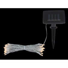 Solární světelný řetěz plast černý, plast průhledný, součástí balení baterie AA 300mAh 1,2V, IP44, kabel od. Solární panel pro 1. LED 3m, rozteč LED 15cm, DxŠxV: 10000x4x50mm, délka kabelu 3000mm, vč.50x LED 0,06W 3,2V, 3000K