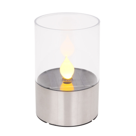 Solární svítidlo nerez, čirý plast, vypínač, efekt hořícího ohně, součástí baterie 1xAAA 100mAh 1,2V, IP44, Ø75mm, V:110mm, vč. LED 0,06W 3,2V, 1800K