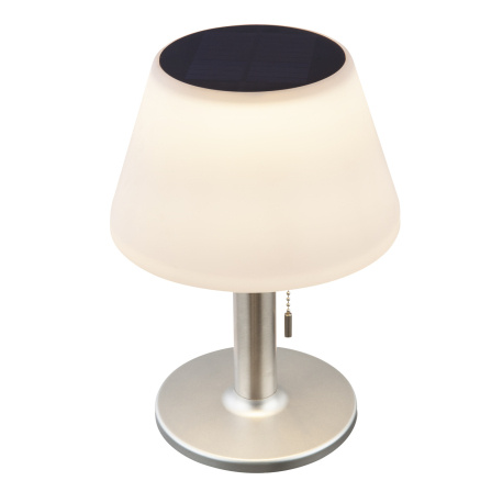 Solární svítidlo nerez, bílý plast, řetízkový tahový spínač, součástí balení baterie CR18650 1500mAh 3,7V, IP44, Ø195mm, V:280mm, vč.10x LED 0,2W 5V, 3000K, teplá bílá