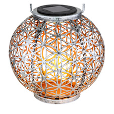 Solární svítidlo kov stříbrné barvy, starožitnost, součástí balení baterie AA 300mAh 1,2V, IP44, koule s ozdobným děrováním, k zavěšení nebo postavení, Ø200mm, V:290mm, vč. LED 0,06W 3V, 3000K