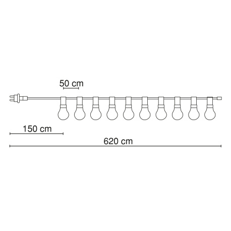 Světelný řetěz, černý plast, sklo, IP44, délka: 4,7m, včetně žárovek 2xE27 25W 230V, zelená, 3xE27 25W 230V, červená, 3xE27 25W 230V, žlutá, 2xE27 25W 230V, fialová.