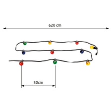 Světelný řetěz, černý plast, sklo, IP44, délka: 4,7m, včetně žárovek 2xE27 25W 230V, zelená, 3xE27 25W 230V, červená, 3xE27 25W 230V, žlutá, 2xE27 25W 230V, fialová.