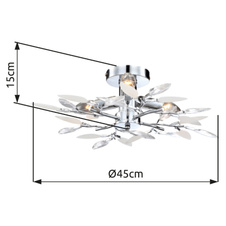 Stropní svítidlo, kov, chrom, akrylové křišťály průhledné a satinované, Ø45cm, V:15cm, bez žárovek 3xE14, max. 40W 230V.