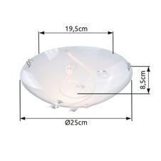 Stropní svítidlo, nikl matný, sklo bílé, K5 křišťály průhledné, Ø25cm, V:9cm, bez žárovky 1xE27, max. ILLU 60W 230V.