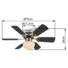 Stropní ventilátor, nikl matný, 3 rychlosti, 2 směry otáčení, tahový vypínač, Ø76cm, V:28cm, bez žárovky 1xE27, max. 60W 230V.