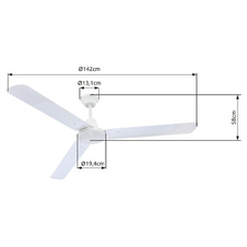 Stropní ventilátor bez svítidla, kov bílý, 3 rychlosti, jen jeden směr, maximální výkon motoru 70W, optimální využití prostoru 30m², chlazení, otáčky 130/190/280 ot./min., Ø142cm, V:58cm, přepínatelný nástěnným vypínačem.