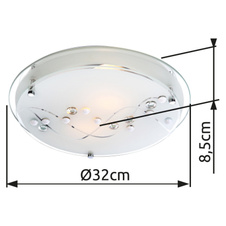 Stropní svítidlo, kov chrom, satinované sklo, Dekorativní kamínky, zrcadlový okraj, Ø32cm, V:9cm, bez žárovek 2xE27, max. ILLU 60W 230V.